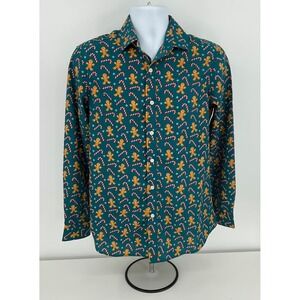 Simon Banks Mens Long‎ Sleeve Button Up Shirt Gingerbread Candy Cane Christmas